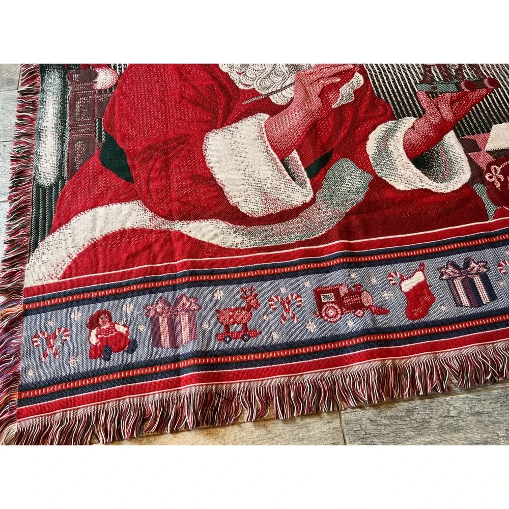 Woven Tapestry SANTA Claus Christmas Throw Blanket Afghan Fringe Holiday Cottage